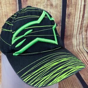 Alpinestars Hat S/M Black Green FlexFit Baseball Cap Star Logo Dirtbike Racing
